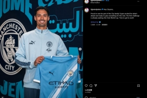 赖因德斯社媒：很自豪成为曼城一员，已准备好为球队倾尽全力